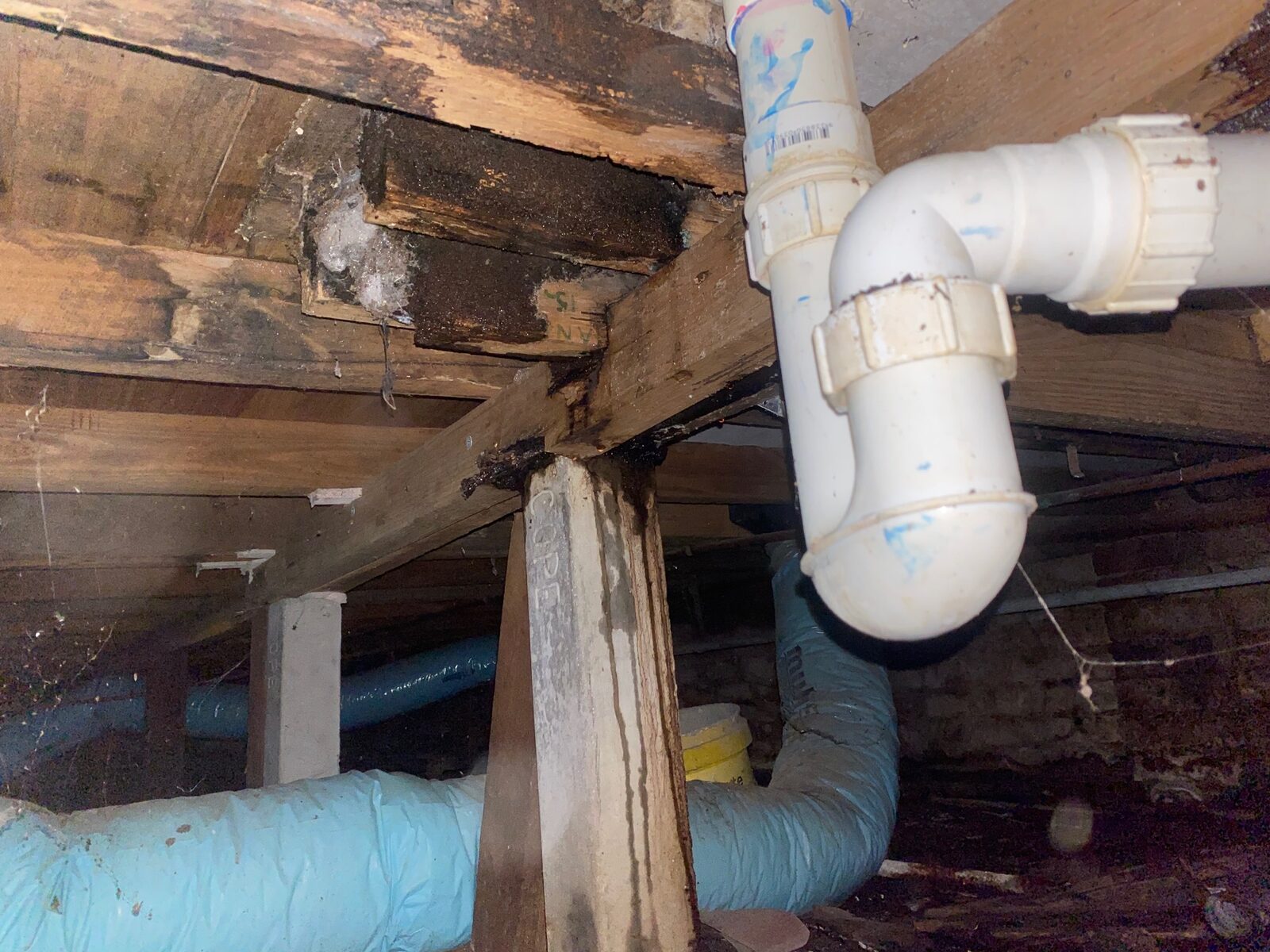 Subfloor space beneath a shower showing dark, deteriorated timber bearers and joists beside white PVC waste pipes and insulated ducting.