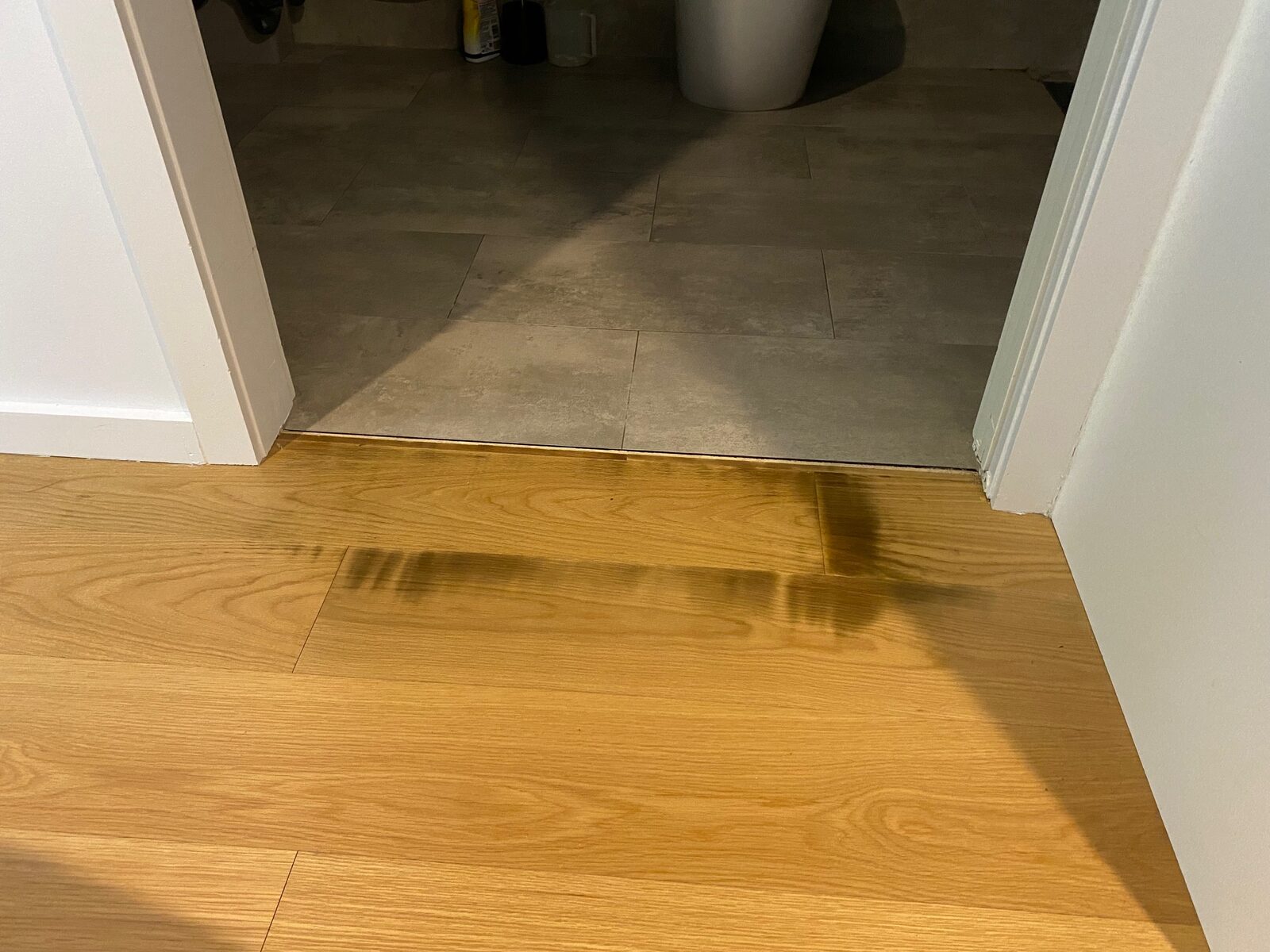 Timber floorboards running up to a tiled bathroom doorway, with a dark band of staining along the threshold.