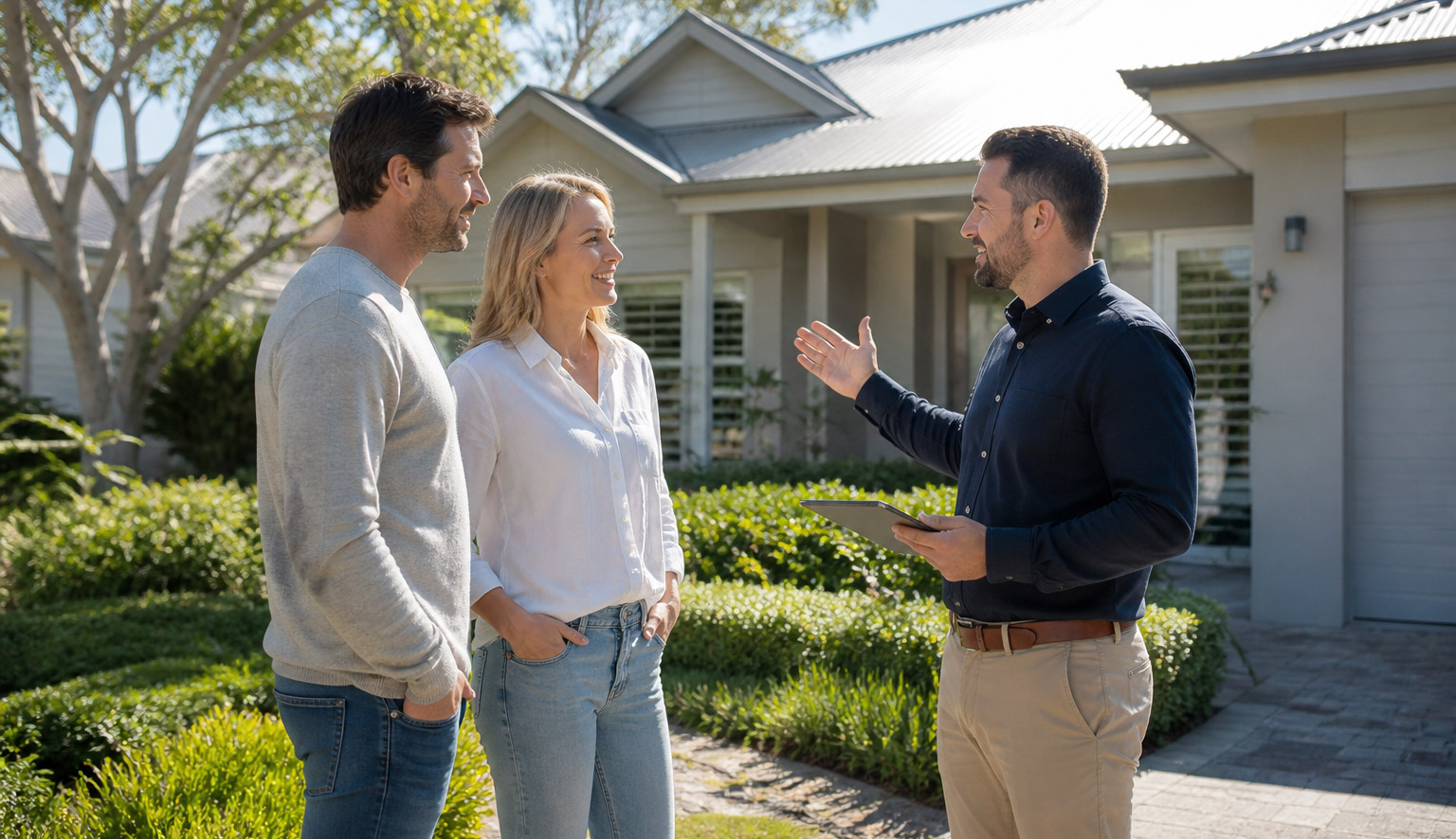 A building adviser holding a tablet and talking with two homeowners on the driveway in front of their house.