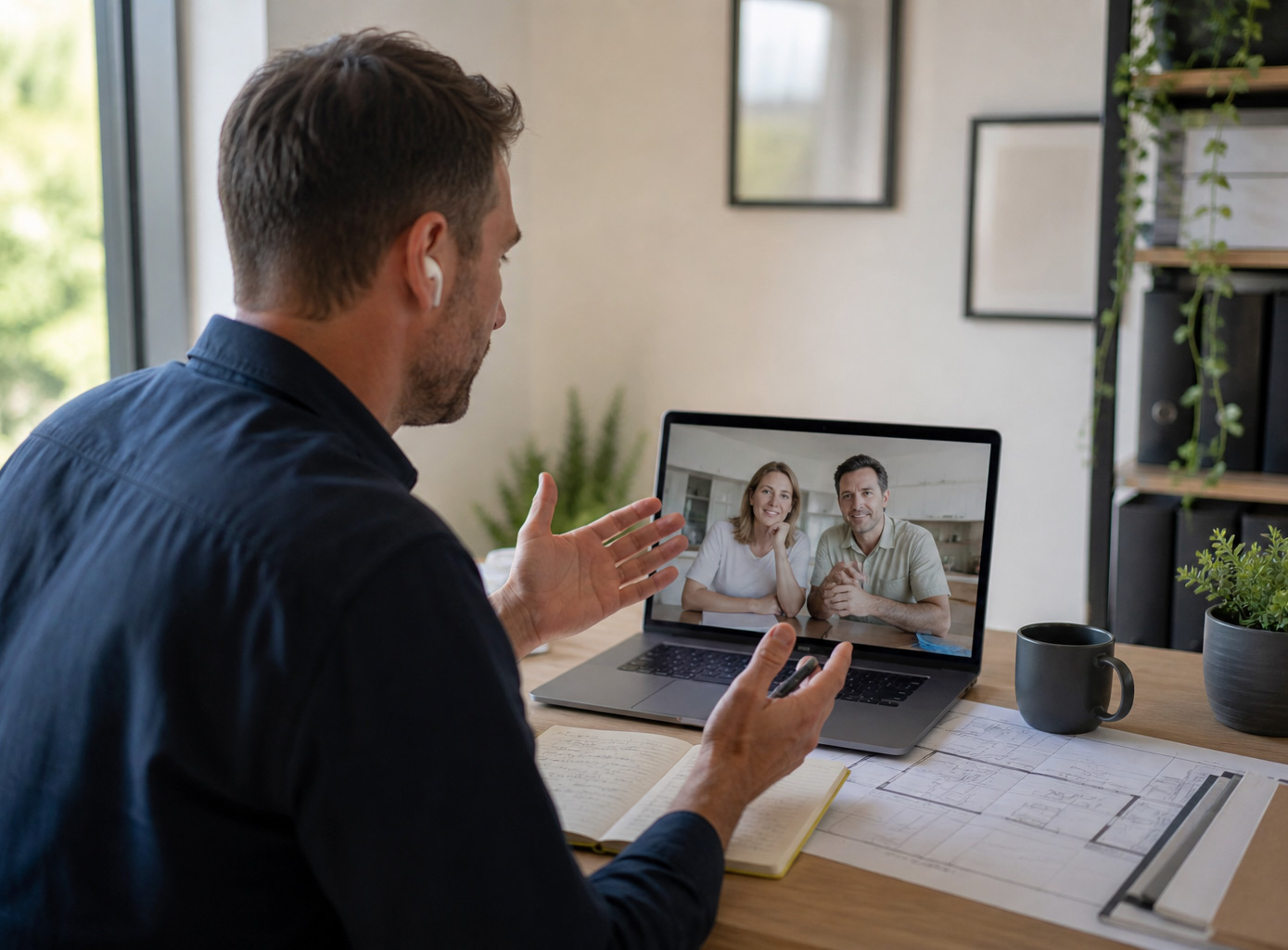 A building adviser talking with two homeowners on a video call, with plans and a notebook open on the desk.