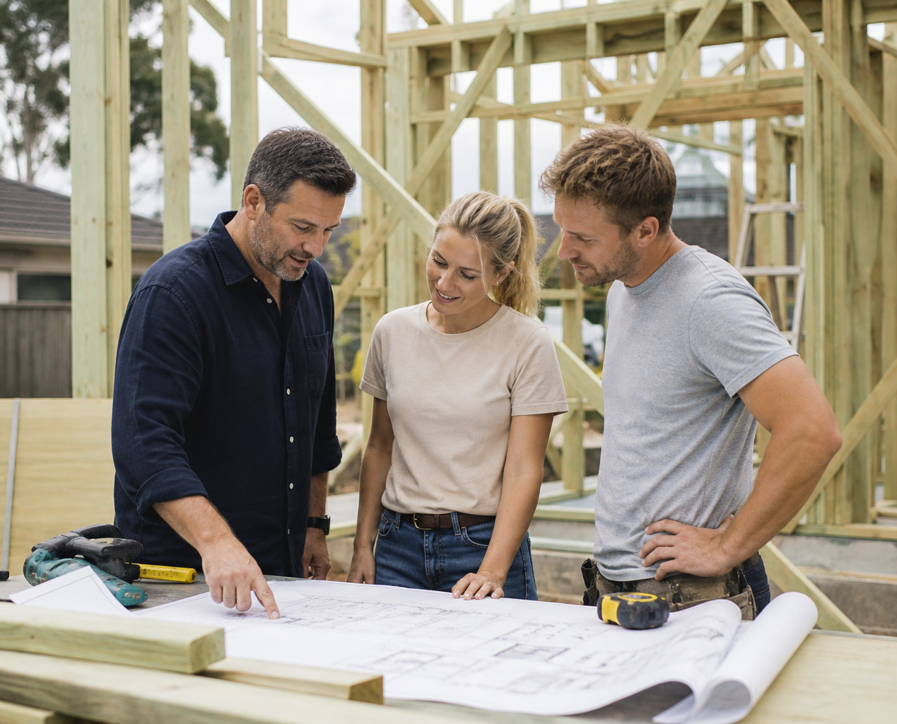 A building adviser pointing to plans spread across a bench on a framed-up site while two people look on.